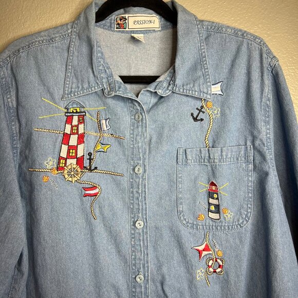 Passion-I Vintage Lighthouse Embroidered Shirt Womens Size XL Full Button Collar - Picture 3 of 6